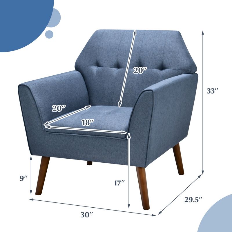 Costway Modern Tufted Fabric Accent Chair Upholstered Armchair with Rubber Wood Legs Blue/Grey, 3 of 11