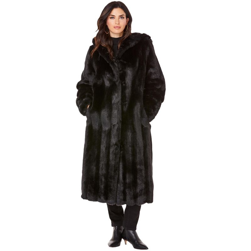Roaman's Women's Plus Size Full Length Faux-Fur Coat with Hood, 1 of 2