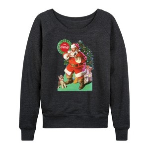 Women's - Coca-Cola - Vintage Santa With Dog Lightweight French Terry Wide Neck Long Sleeve Graphic Shirt - 1 of 4