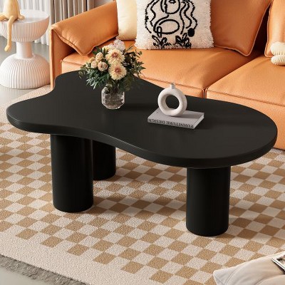 CENGHU Round Petal-Shaped Coffee Table, Cream Style Center Table with 3 Thick Legs, Minimalist Irregular Tea Table with Sleek Round Edges for Bedroom