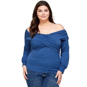 Slickblue Women's Plus Size Solid Dressy Wrap Top, Off Shoulder, Long Sleeves, Ruched Fit, Blue Stone, Size 1XL-3XL - 1 of 4