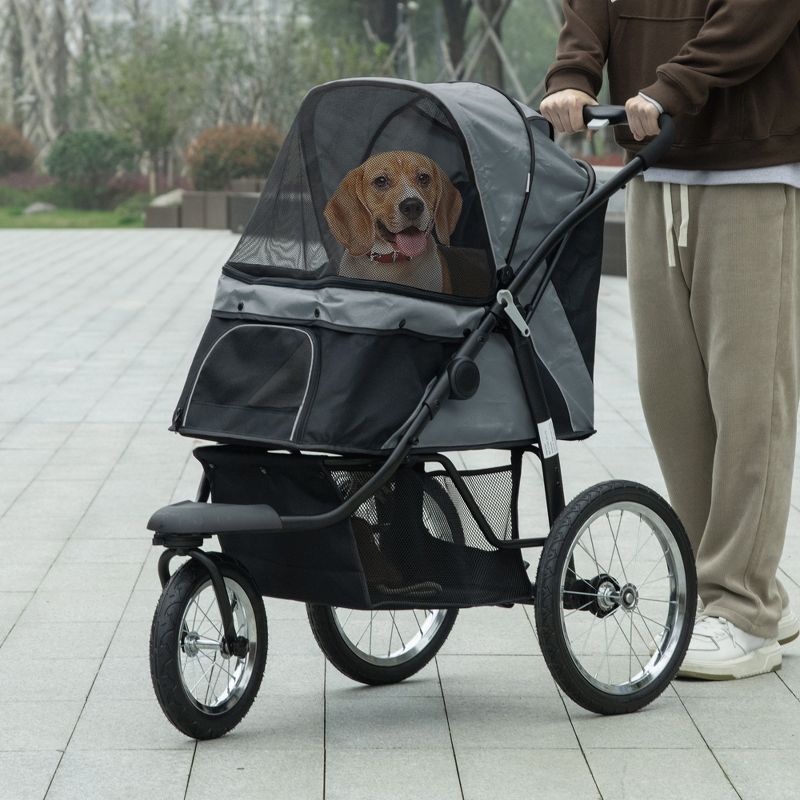 PawHut Pet Stroller for Small Dogs and Medium Dogs, Foldable Cat Pram, Dog Pushchair with Adjustable Canopy, 3 Big Wheels, 2 of 7