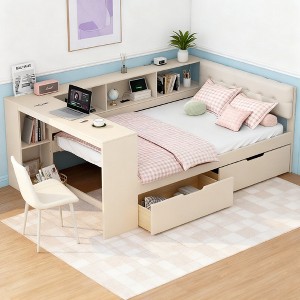 Luxystar Full Size Platform Bed with 2 Drawers, Storage Shelves, Charging Station and Upholstered Headboard - 1 of 4