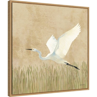 22" x 22" White Egret Alighting Canvas with Maple Frame
