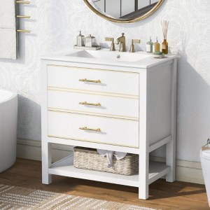 Modern 30 inch navy blue bathroom storage cabinet with open storage space and two drawers - 1 of 4