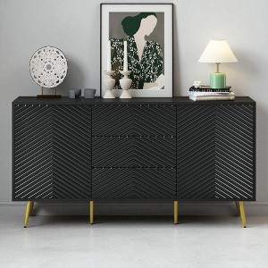 Sideboard Buffet Cabinet with Geometric Line Doors, 3 Central Drawers, 2 Storage Cabinets, Conical Metal Legs, Cabinet for Kitchen, Dining Room - 1 of 4