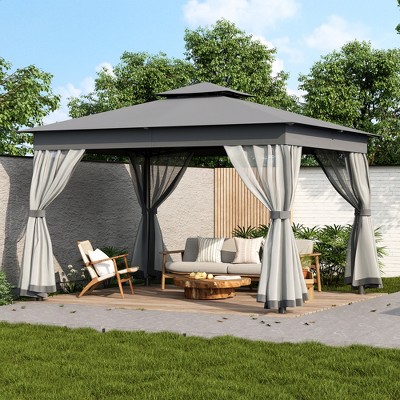 10'x12' Outdoor Gazebo Tent with Double Roofs, Patio Gazebo Canopy with Mosquito Netting for Garden, Lawn, Gray -ModernLuxe