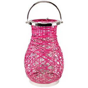 Northlight Woven Iron Pillar Candle Lantern with Glass Hurricane - 16.25" - Fuchsia Pink - 1 of 4