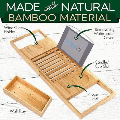 Adjustable Natural Bamboo Bathtub Caddy Tray with Wine Holder