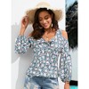 Womens Summer Tops Cold Shoulder Blouse Front Tie V Neck Tops Casual Boho Floral Tunic Blouse, Summer Beachwear, Vacation Outfits - Blue-Green ,S - 2 of 4