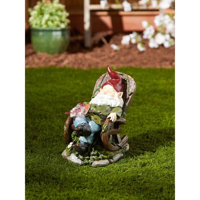 Solar Red Bird Rocking Chair Gnome Garden Statue