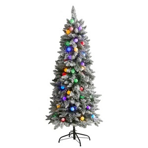 5ft. Flocked Fir Artificial Christmas Tree with 50 Multi-Color Globe Bulbs and 379 Branches – Playful X-Mas Accent Tree - 1 of 4