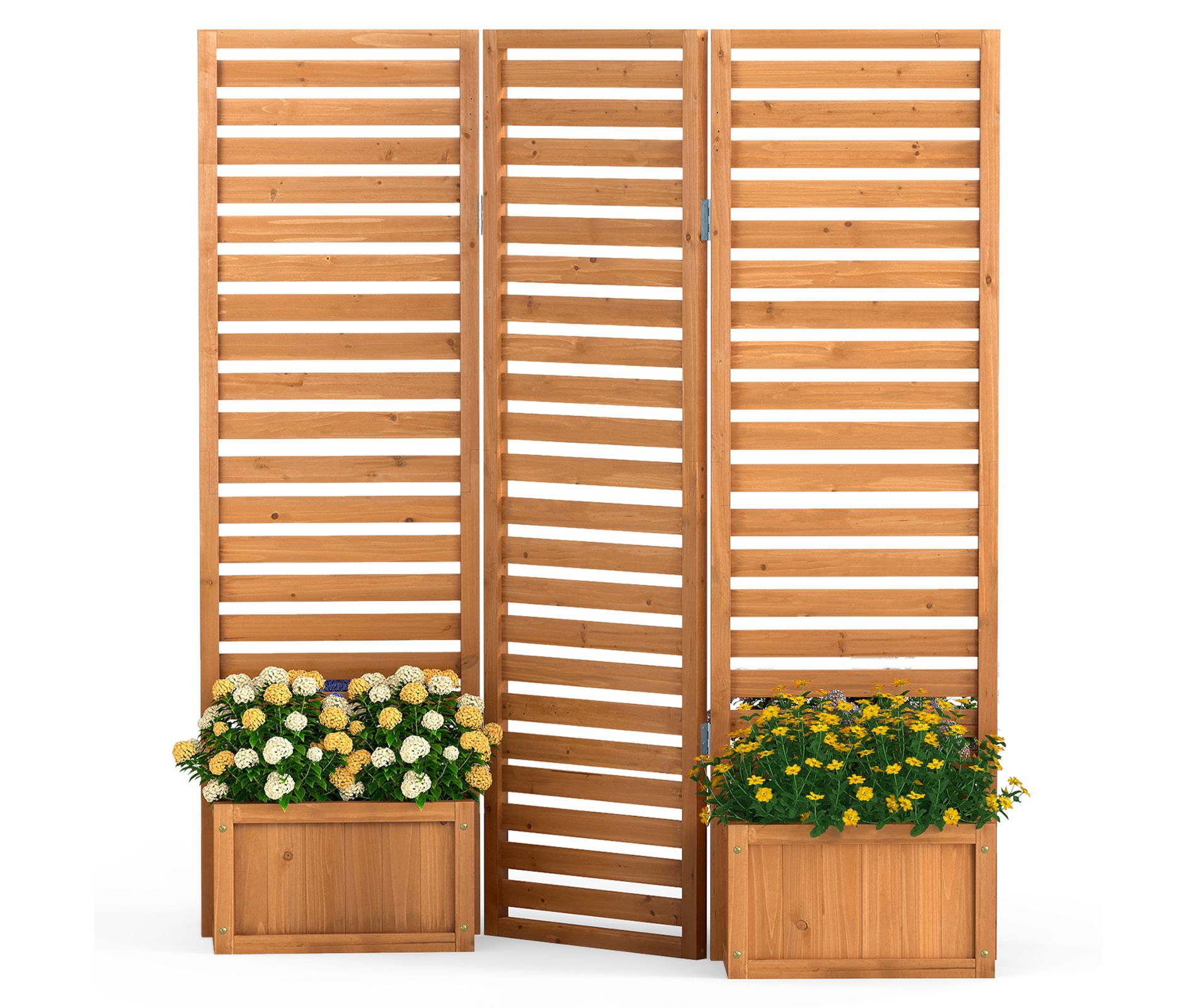 Costway Privacy Screen with 2 Self-Draining Planter Boxes,3-Panel Freestanding Garden Fence