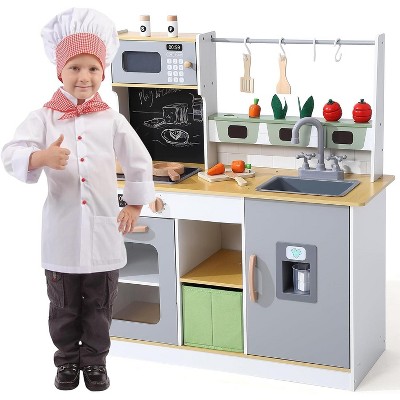 Wooden Kitchen Play for Kids, Perfect for Chef Pretend Play with Real Lights & Sounds & Cookware Accessories and Cutting Vegetables