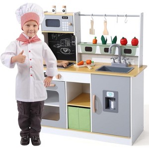 Wooden Kitchen Play for Kids, Perfect for Chef Pretend Play with Real Lights & Sounds & Cookware Accessories and Cutting Vegetables - 1 of 4