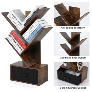 Tree Bookshelf with Drawer, 4-Shelf Retro Floor Standing Bookcase, Tall Wood Storage Rack for CDs, Movies, Books for Bedroom, Living Room - 1 of 4