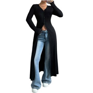 Coolmee Women's Button Down Long Cardigan V Neck Slit Ribbed Knit Sweater Casual Going Out Tops - 1 of 4