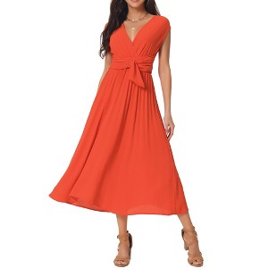 Seta T Women's Casual Sleeveless Wrap V Neck Flowy Ruffle Pleated Midi Dress with Belt - 1 of 4