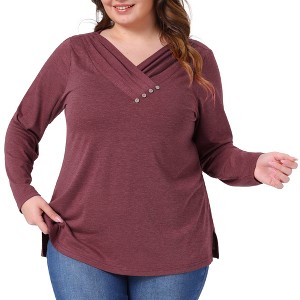 Agnes Orinda Women's Plus Size V Neck Long Sleeve Button Decor Solid Casual Tunic Tops - 1 of 4
