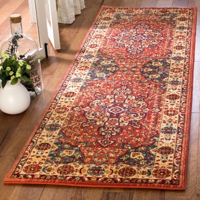 Kashan Red and Ivory Floral Synthetic Runner Rug 2'6" x 8'