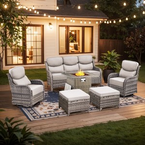 Buenhomino 7 Pieces Patio Furniture Sets with Fire Pit Table, Wicker High Back Outdoor Swivel Rocking Chairs Set with 3-Seat Couch, Ottomans and Table - 1 of 4