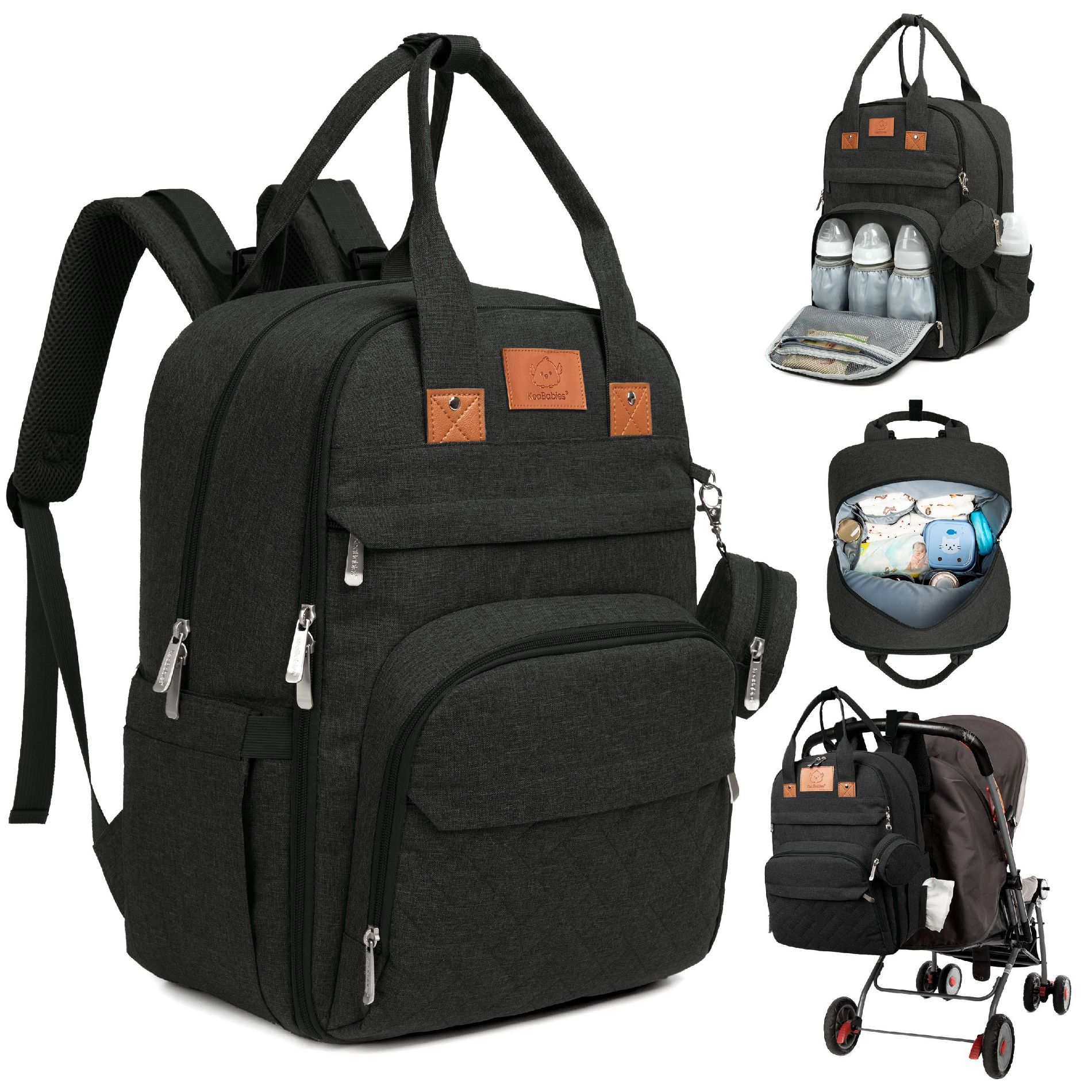 KeaBabies Diaper Bag with Changing Pad - Waterproof Baby Bag, Travel Diaper Bags, Baby Diaper Bag Backpack (Trendy Black)