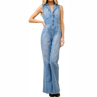 Women's Collared Sleeveless Denim Jumpsuit - Blue B