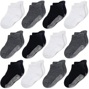 Cozyway Non-Slip Ankle Style Socks with Grippers, 12 Pack for Baby Boys and Girls, Black White and Dark Gray, 0-6 Months, Unisex - 1 of 4