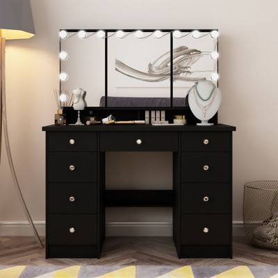 FUFU&GAGA LED Makeup Vanity with 9 Drawers Elegant Makeup Station