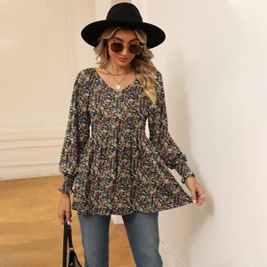 Women's Tops Fall Puff Long Sleeve Blouses Casual V-Neck Loose T-Shirts - 1 of 4