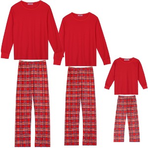 cheibear Christmas Long Sleeve Solid Tops Tee with Plaid Pants Family Pajama Sets Red - 1 of 4