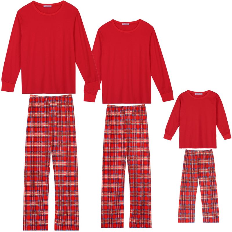cheibear Christmas Long Sleeve Solid Tops Tee with Plaid Pants Family Pajama Sets Red, 1 of 5