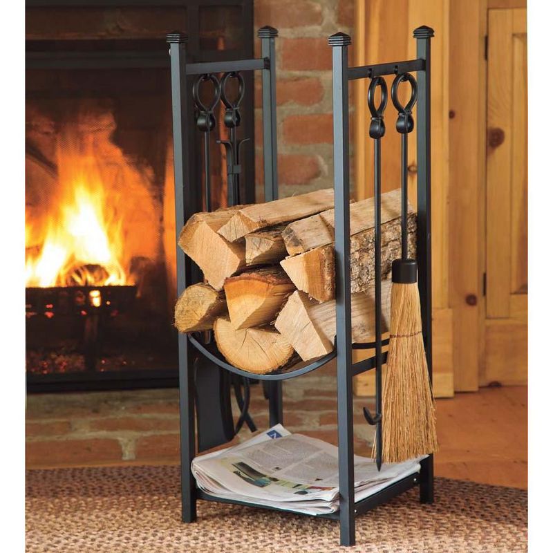Plow & Hearth - All-In-One Firewood Wood Rack with Fireplace Tool Set, Black, 2 of 7