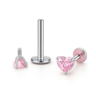Small Heart Solitaire Flat Back Stud Earrings Body Piercings by Ginger Lyne 2 Sets 3mm CZ Stainless Steel 16g 6mm and 8mm Lengths