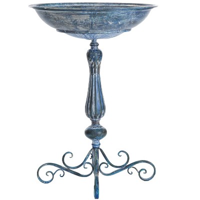 Victorian Mossy Blue Iron Birdbath with Scrollwork