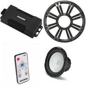 Kicker 48PXA6001 Weatherproof Powersport Mono Amp & 10" 2 Ohm Free-Air Marine Subwoofer ( Charcoal Grill ) Includes LED Remote - 1 of 4
