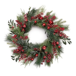 HomeRoots 25" Green And Red Artificial Pine Berries And Ornaments Christmas Wreath - 1 of 4
