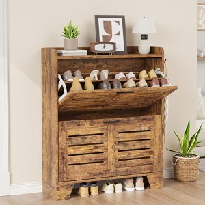 Coolmee Shoe Cabinet for Entryway, Narrow Shoe Organizer with 2 Flip Drawers, Freestanding Hidden Slim Shoe Racks with Hooks for Foyer, Hallway - 1 of 4