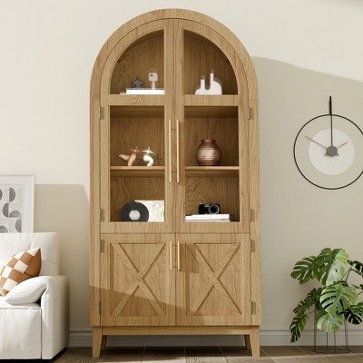 FONTOI Arched Tall Storage Cabinet, 5-Tier Farmhouse Bookcase with Glass Doors, Brown, 74.3"*36"*17.5"