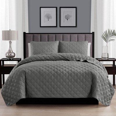 Light Grey Full Microfiber Diamond Quilted Reversible Quilt Set