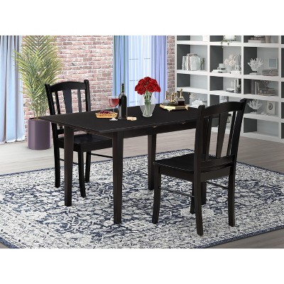 East West Furniture 3-Pc Dining Room Table Set Contains a Wooden Dining Table and 2 Shitake  Fabric Modern Dining Room Chairs -Black Finish