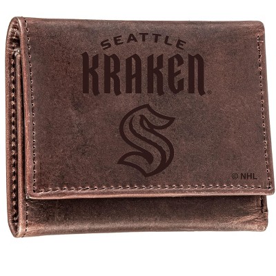 Evergreen NHL Seattle Kraken Brown Leather Trifold Wallet Officially Licensed with Gift Box