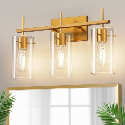 YANSUN 20 in. 3-Light Bathroom Fixture, Gold Metal Vanity Light Frame with Clear Glass Shades, Modern Bathroom Lighting