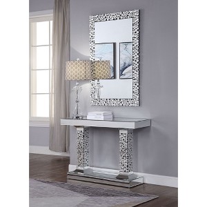 Mirrored Console Table with Faux Gem Inlay and Beveled Glass Top, Silver Glam Design - 1 of 4