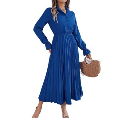 Clearlove Womens Long Sleeve Dresses 2025 Fall Maxi V Neck Belted Button Down Wedding Guest Shirt Dress with Pockets - Royal Blue,Small
