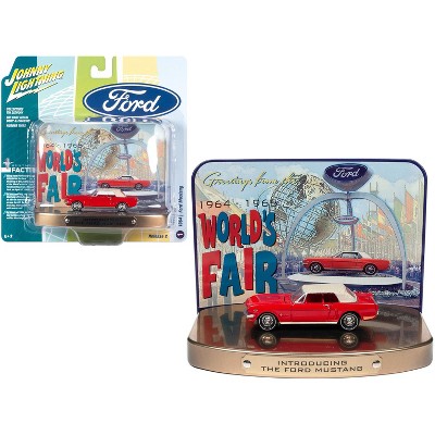 1964 1/2 Ford Mustang Rangoon Red w/Red Interior w/Collectible Tin Display "Introducing The Ford Mustang" 1/64 Diecast Model Car by Johnny Lightning