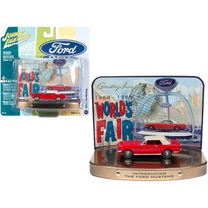 1964 1/2 Ford Mustang Rangoon Red w/Red Interior w/Collectible Tin Display "Introducing The Ford Mustang" 1/64 Diecast Model Car by Johnny Lightning - 1 of 3