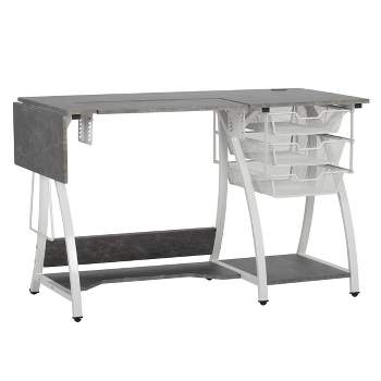 HOMCOM Folding Sewing Table, Rolling Utility Work Station Side Desk with  3-Tier Storage Bins, Shelf, and Lockable Casters, Grey 46 Drop Leaf Mobile