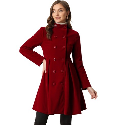 Allegra K Women's Velvet A-Line Steampunk Double Breasted Winter Trench  Coats Dark Red X-Small