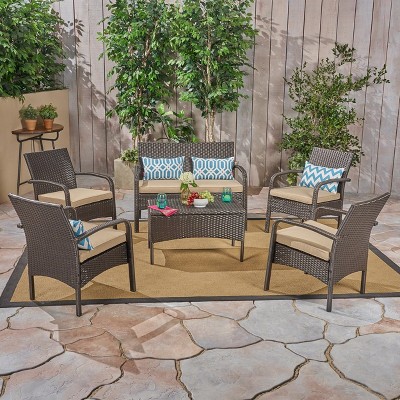 Brown and Tan Wicker 4 Person Outdoor Chat Set with Cushions